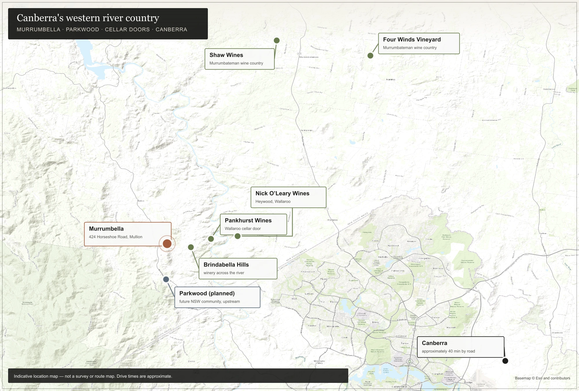 Indicative regional map showing Murrumbella, Canberra, planned Parkwood, Brindabella Hills Winery, Pankhurst Wines, Nick O’Leary Wines, Shaw Wines and Four Winds Vineyard