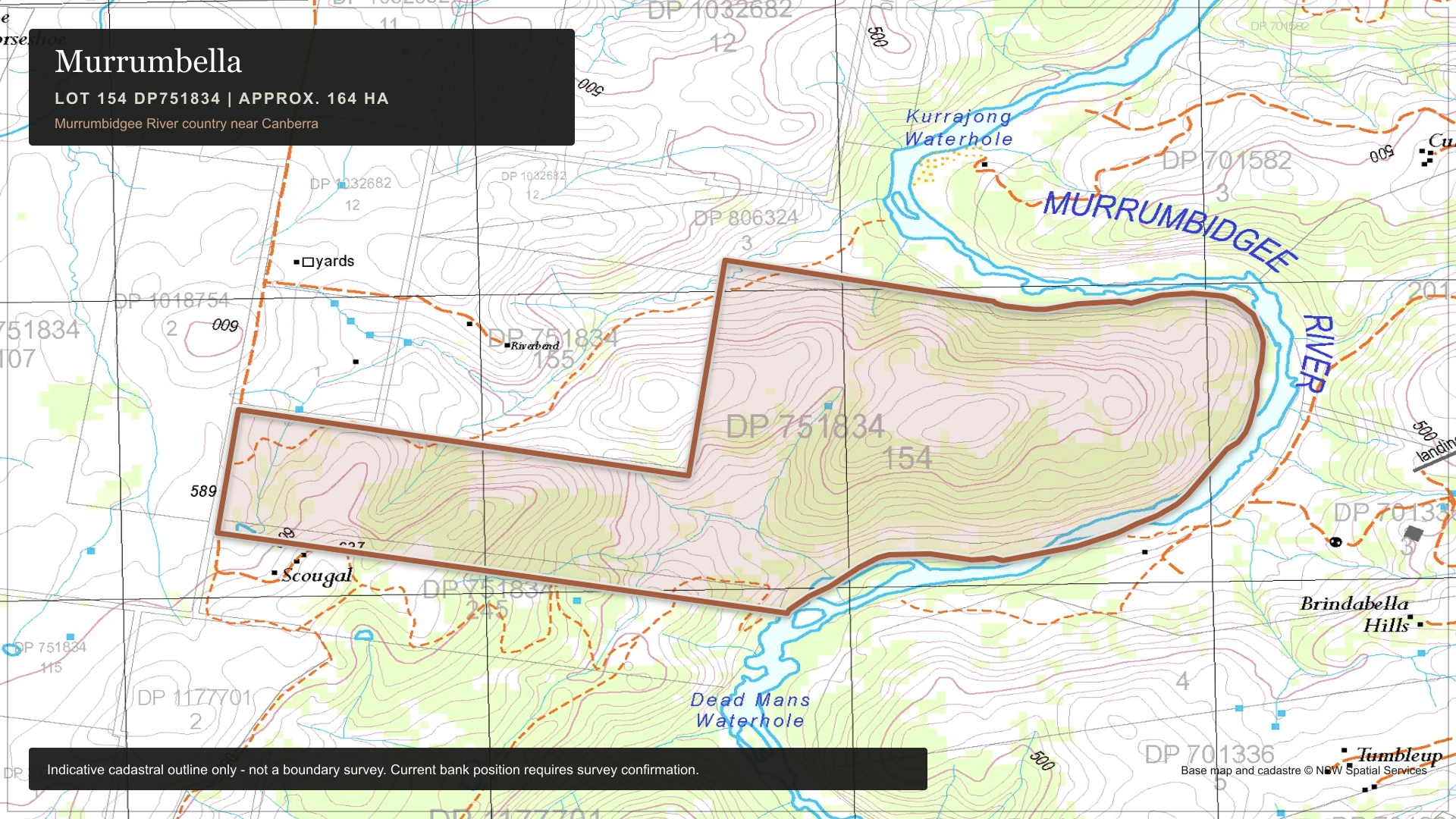 NSW topographic map with an indicative cadastral outline of Murrumbella, Lot 154 DP751834, beside the Murrumbidgee River